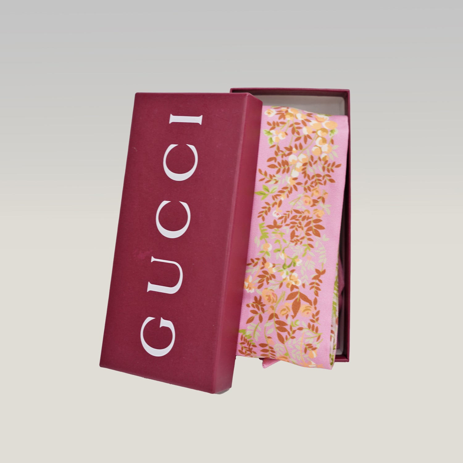 Gucci Pink Floral Silk Twilly Bag Scarf 