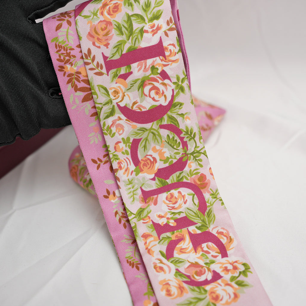 Gucci Pink Floral Silk Twilly Bag Scarf 