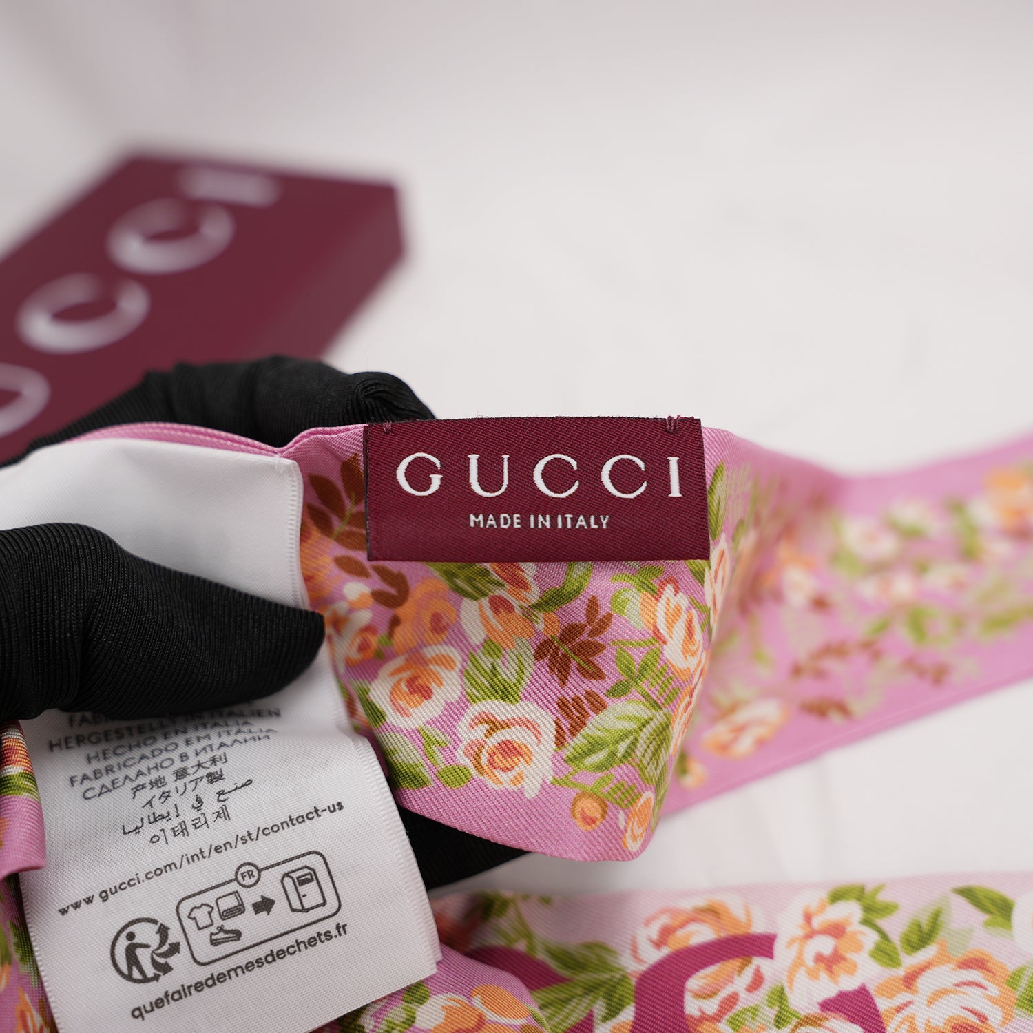 Gucci Pink Floral Silk Twilly Bag Scarf 