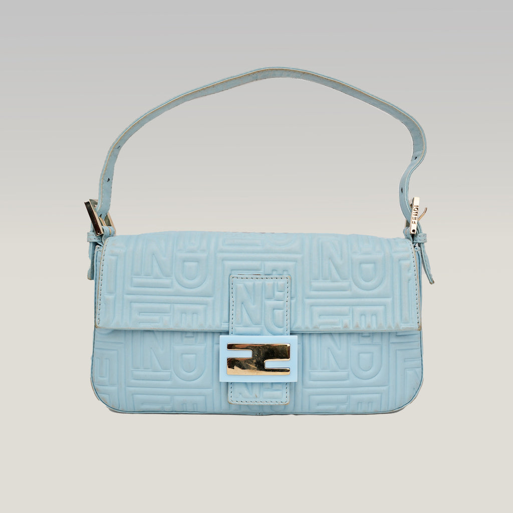 Fendi borsa a spalla in pelle azzurro cielo con logo FF in rilievo