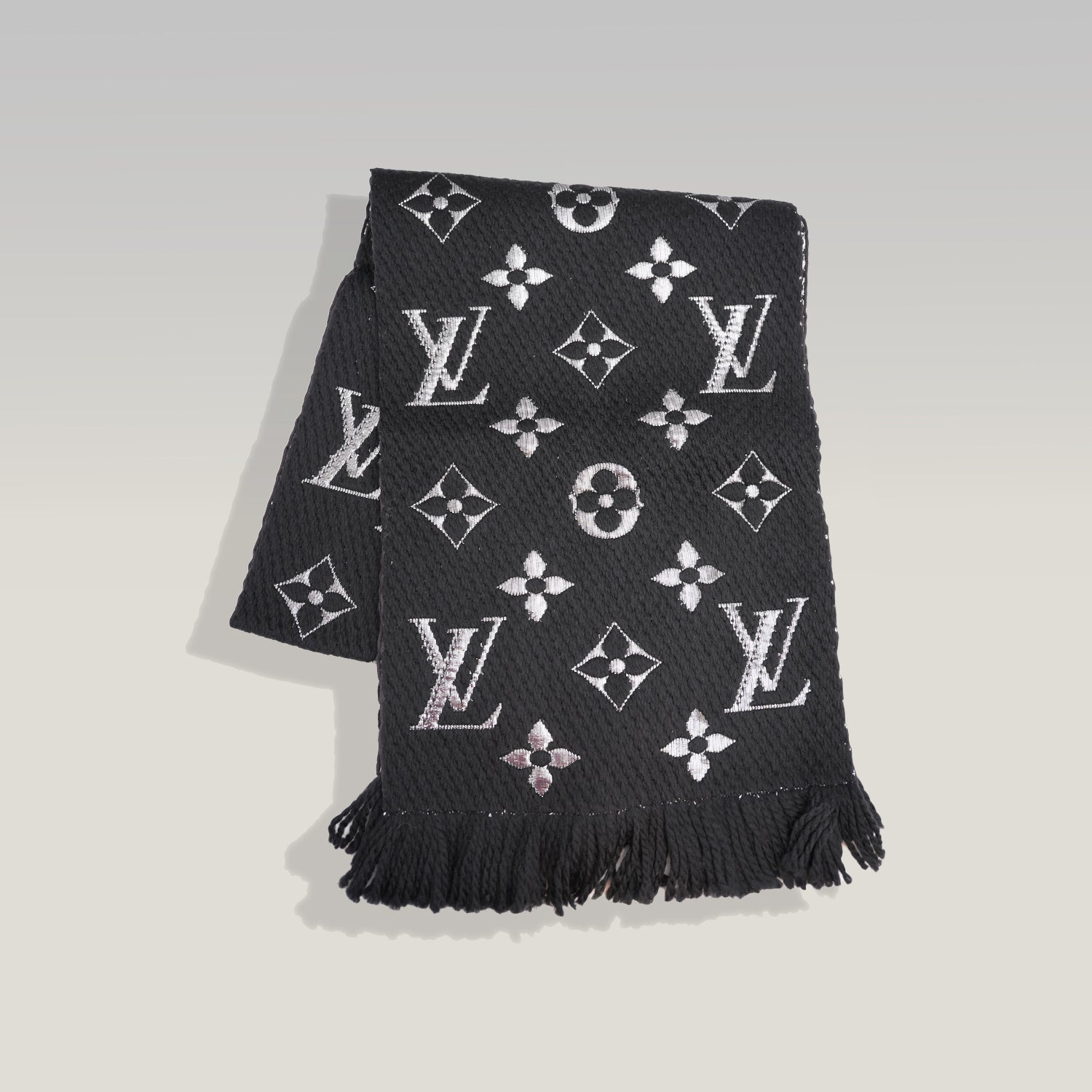 Louis Vuitton Sciarpa Mania Shine Nera e Argento in Lana e Seta con Motivo Monogram