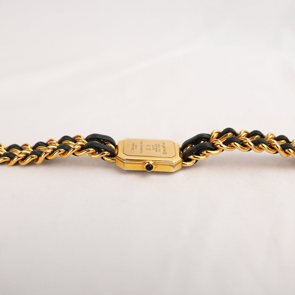 Chanel Première Orologio Nero e Oro con Bracciale a Catena in Pelle e Metallo Dorato