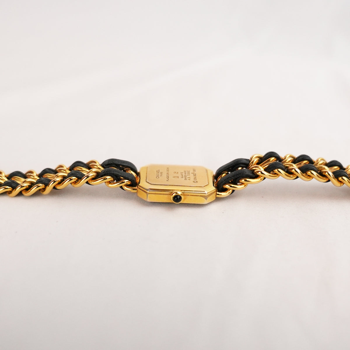 Chanel Première Orologio Nero e Oro con Bracciale a Catena in Pelle e Metallo Dorato