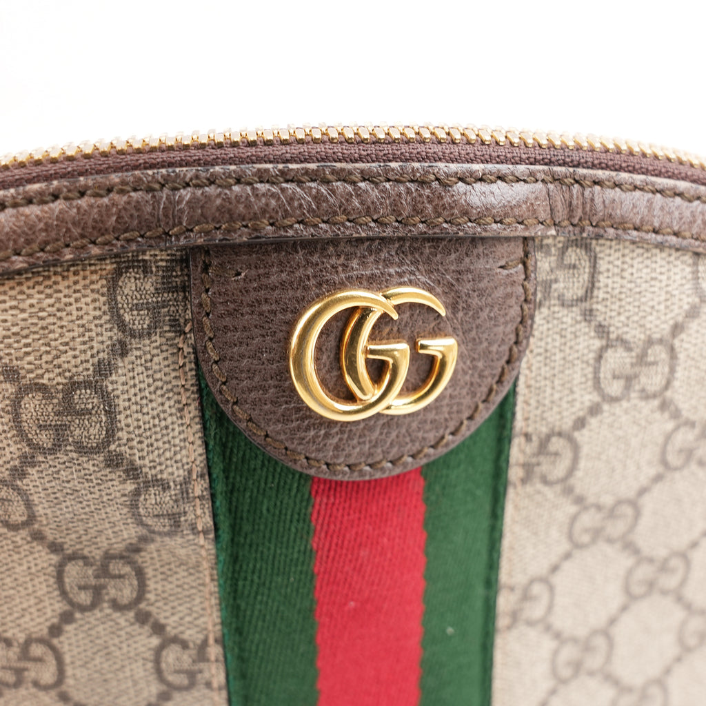 Gucci Ophidia Small Borsa a Tracolla in Tela GG Supreme Beige ed Ebano con Banda Web Verde e Rossa e Finiture in Pelle Marrone