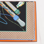 Hermès Fouets et Badines Foulard Carré 90 in Seta Nera Multicolore con Motivi Equestri e Bordi Geometrici