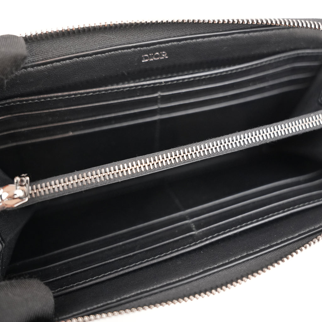 Dior Oblique Portafoglio Lungo Zip Around in Jacquard Beige e Blu con Finiture Nere
