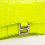 Balenciaga Hourglass XS Borsa a Mano in Pelle Effetto Coccodrillo Giallo Fluo con Logo B Argentato