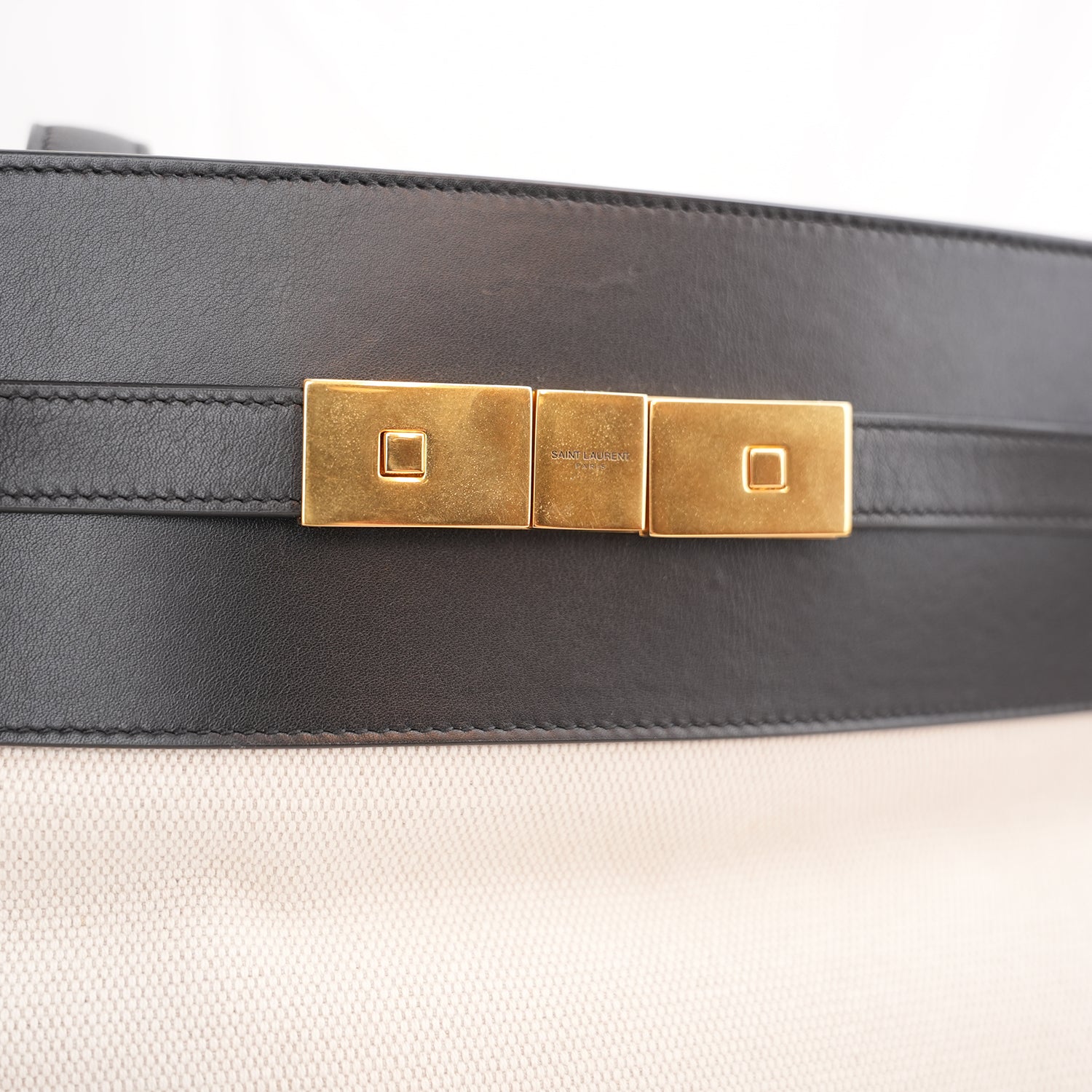 Saint Laurent Manhattan Large Shopping Tote White Canvas Black Leather Trim Shoulder Bag