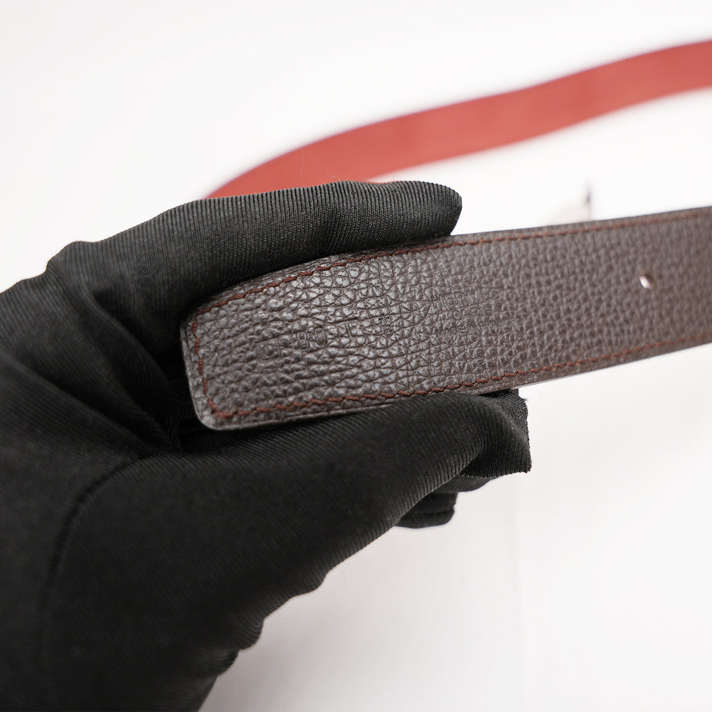 Hermès Brown Leather Belt with Silver Metal Buckle and Orange Detail
