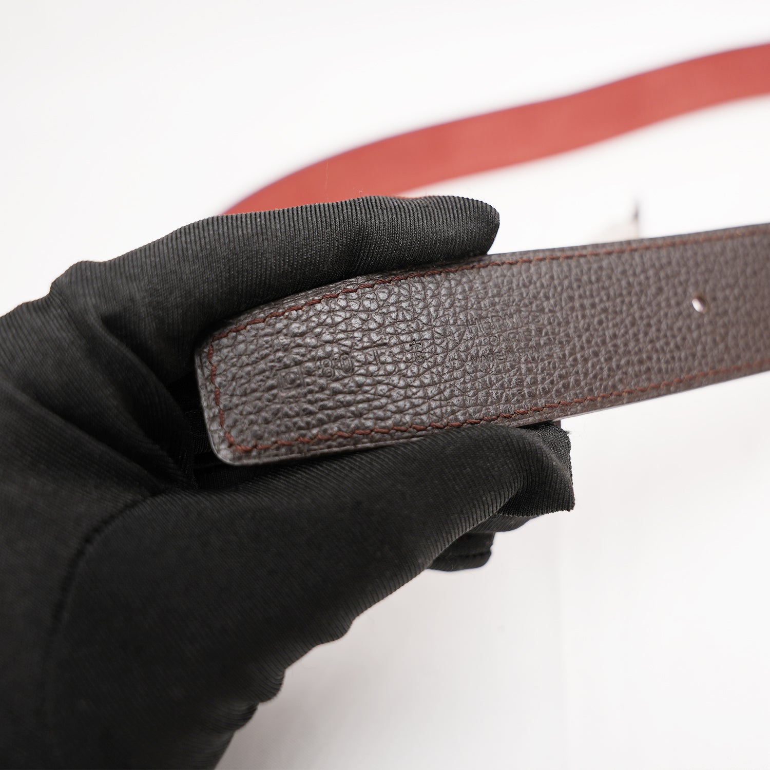Hermès Brown Leather Belt with Silver Metal Buckle and Orange Detail