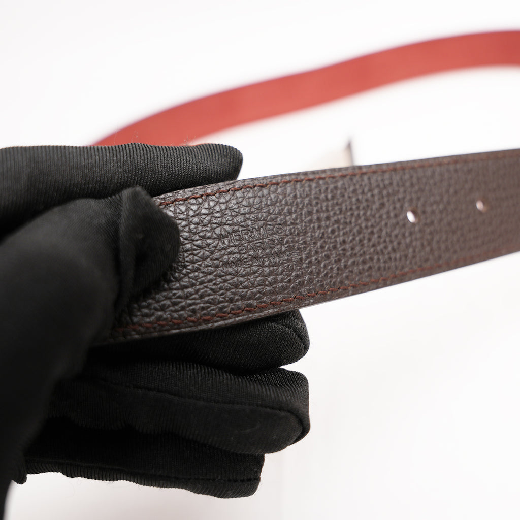 Hermès Brown Leather Belt with Silver Metal Buckle and Orange Detail