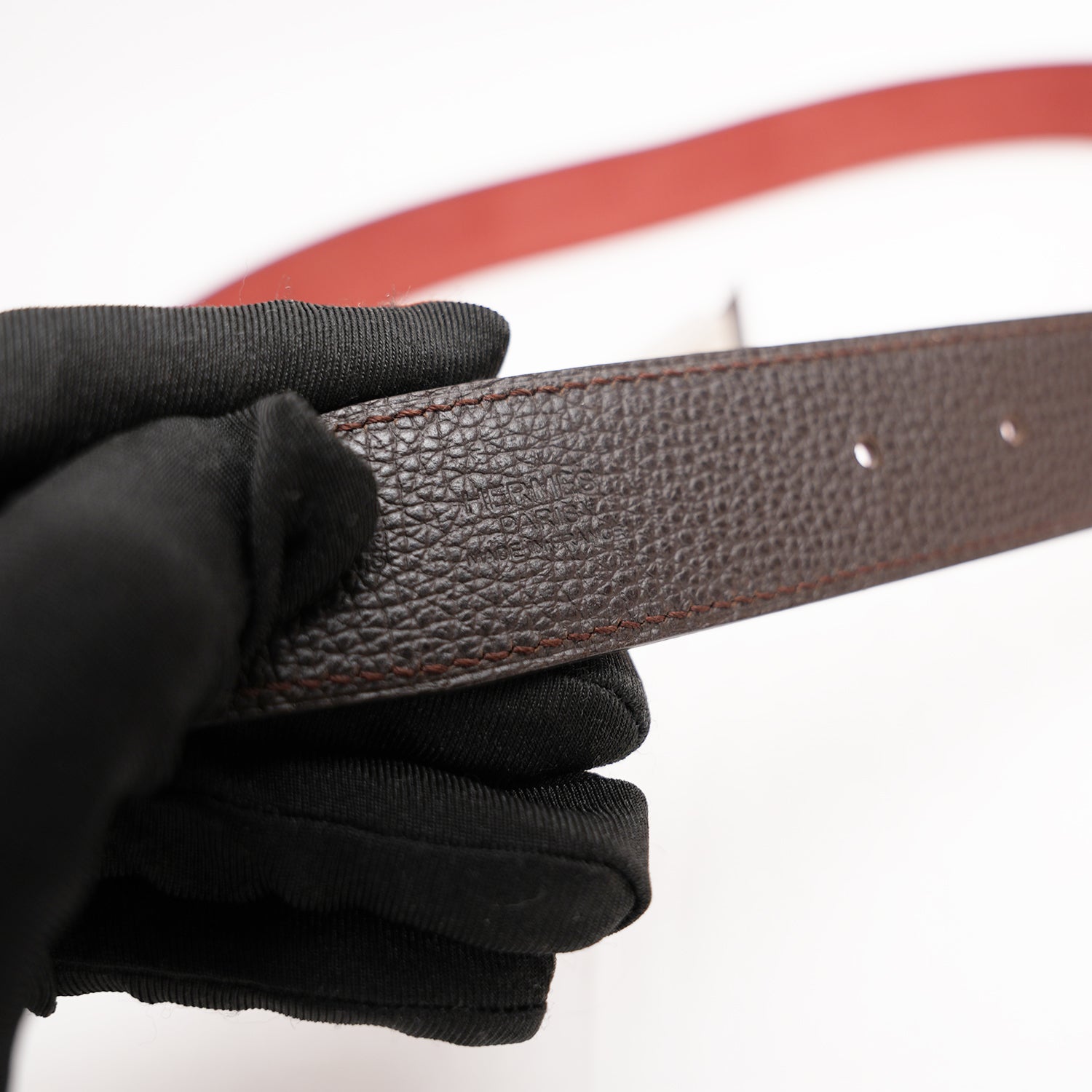 Hermès Brown Leather Belt with Silver Metal Buckle and Orange Detail