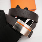 Hermès Brown Leather Belt with Silver Metal Buckle and Orange Detail