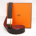 Hermès Brown Leather Belt with Silver Metal Buckle and Orange Detail