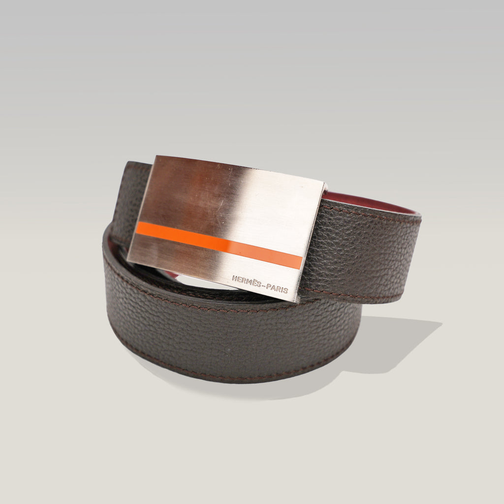 Hermès Brown Leather Belt with Silver Metal Buckle and Orange Detail
