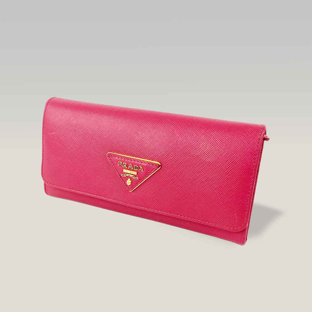 Prada Pink Saffiano Leather Long Wallet with Logo