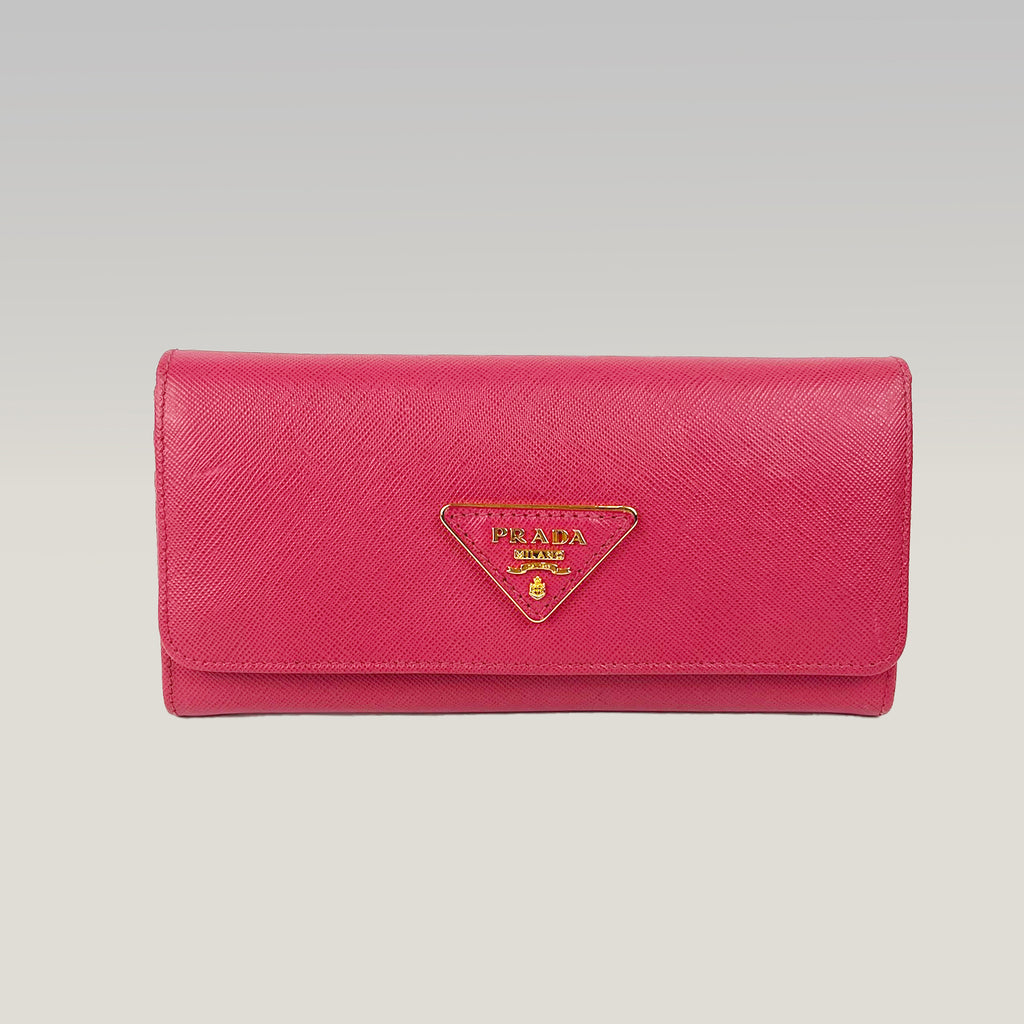 Prada Pink Saffiano Leather Long Wallet with Logo