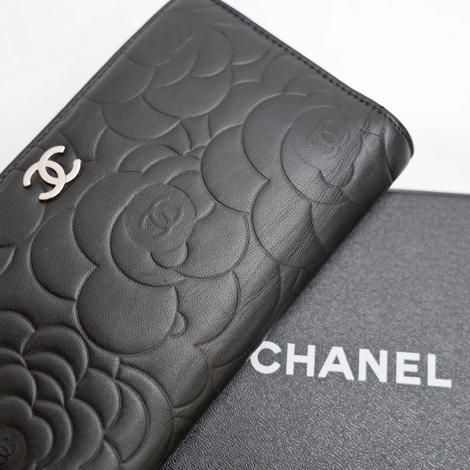 Chanel Camellia Long Wallet in Black with Silver Hardware 