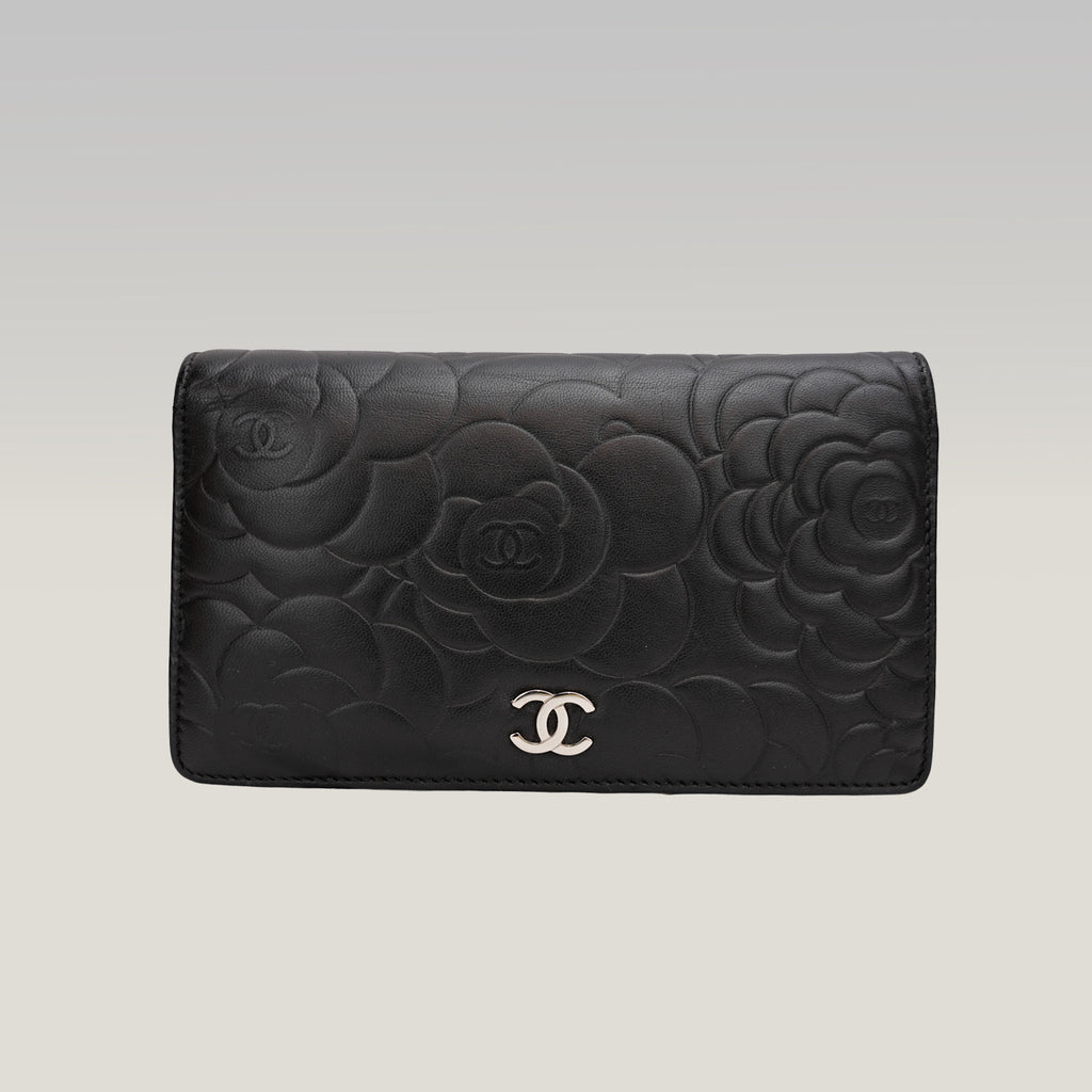 Chanel Camellia Long Wallet in Black with Silver Hardware 