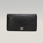Chanel Camellia Long Wallet in Black with Silver Hardware 