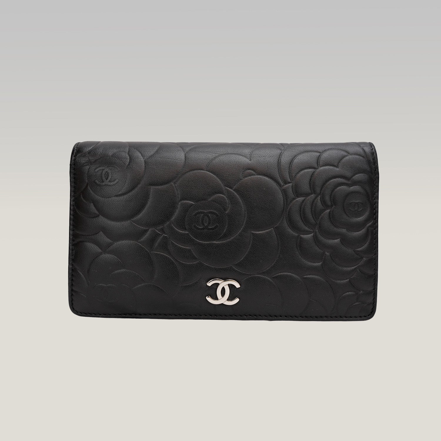 Chanel Camellia Long Wallet in Black with Silver Hardware 