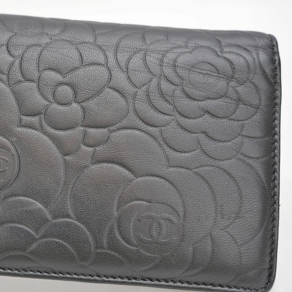 Chanel Camellia Long Wallet in Black with Silver Hardware 