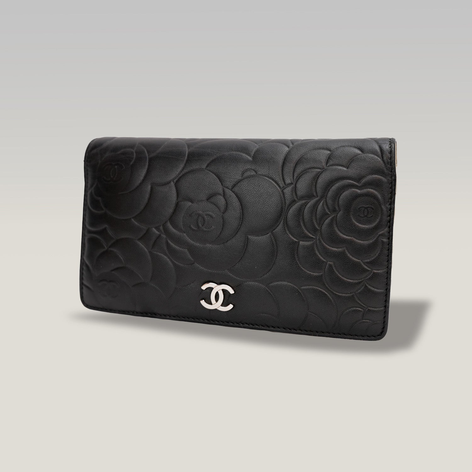 Chanel Camellia Long Wallet in Black with Silver Hardware 