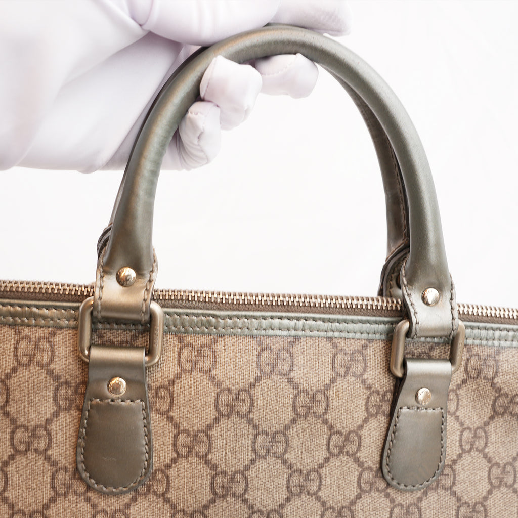 Gucci Joy Briefcase Borsa Portadocumenti in Tela GG Supreme Beige e Marrone con Finiture in Pelle Grigia