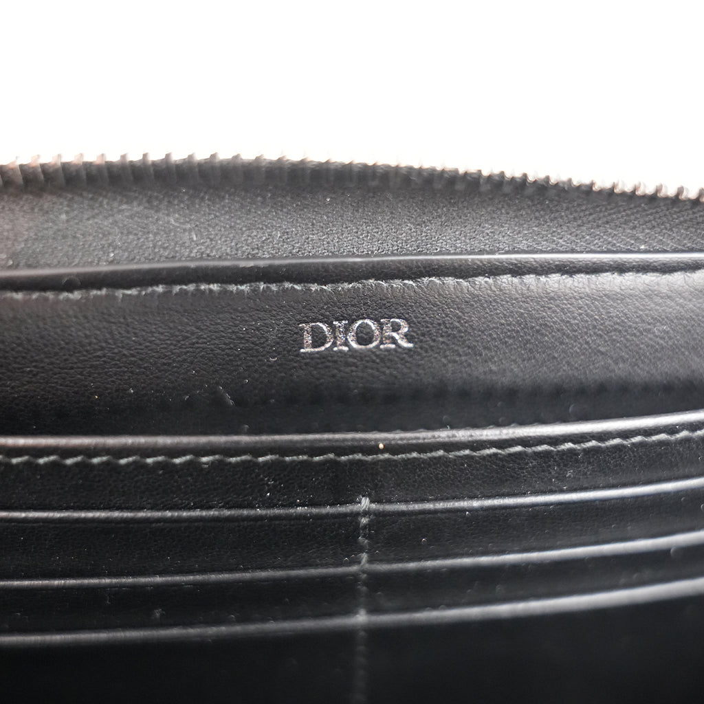 Dior Oblique Portafoglio Lungo Zip Around in Jacquard Beige e Blu con Finiture Nere