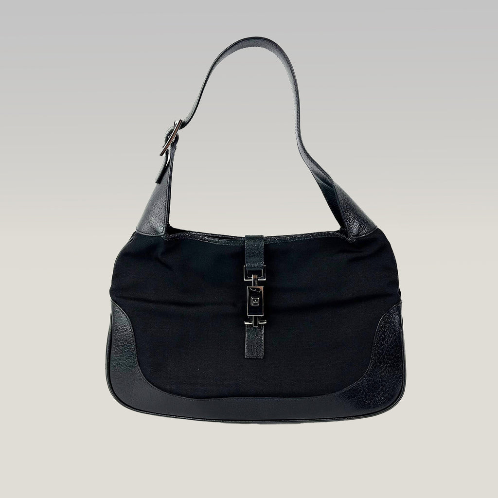 Gucci Jackie Hobo Bag in Black Canvas and Leather with Iconic Closure