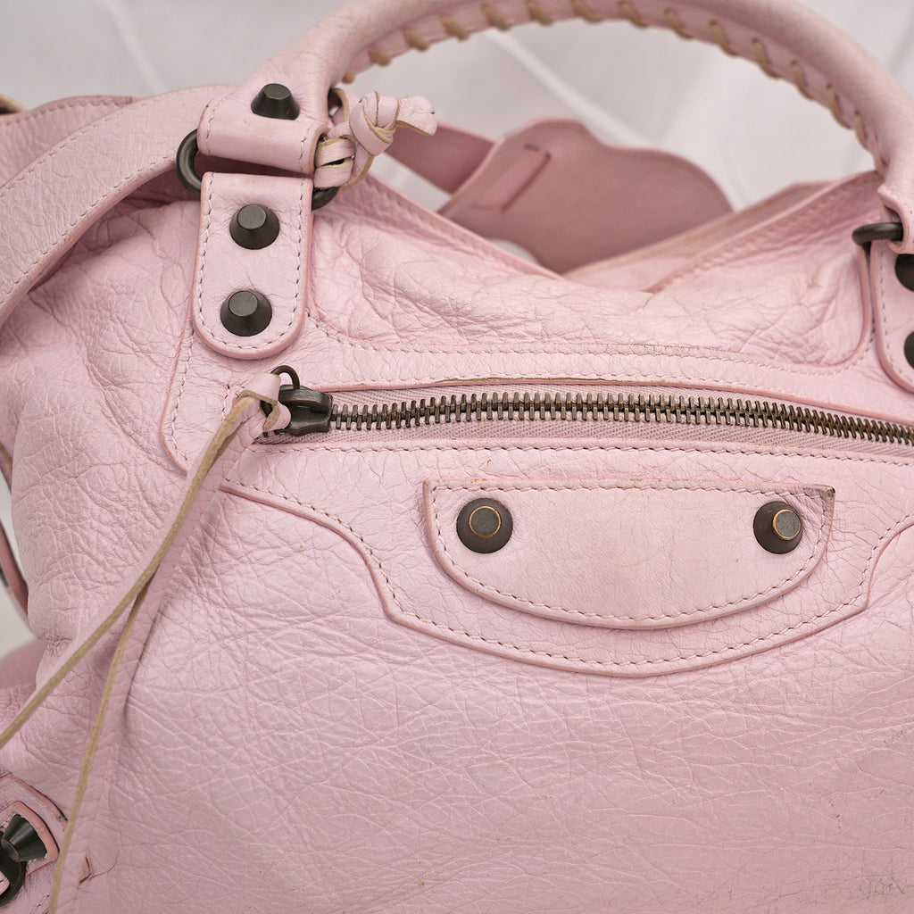 Balenciaga borsa City media in pelle rosa con borchie