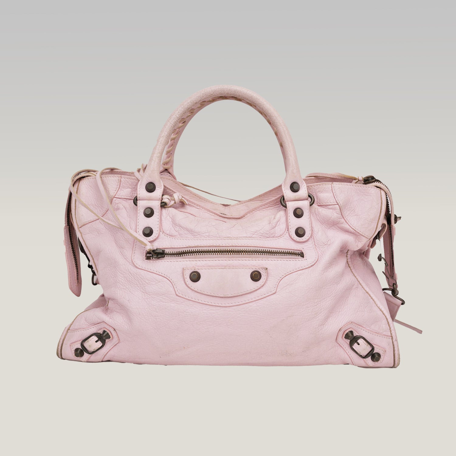 Balenciaga borsa City media in pelle rosa con borchie