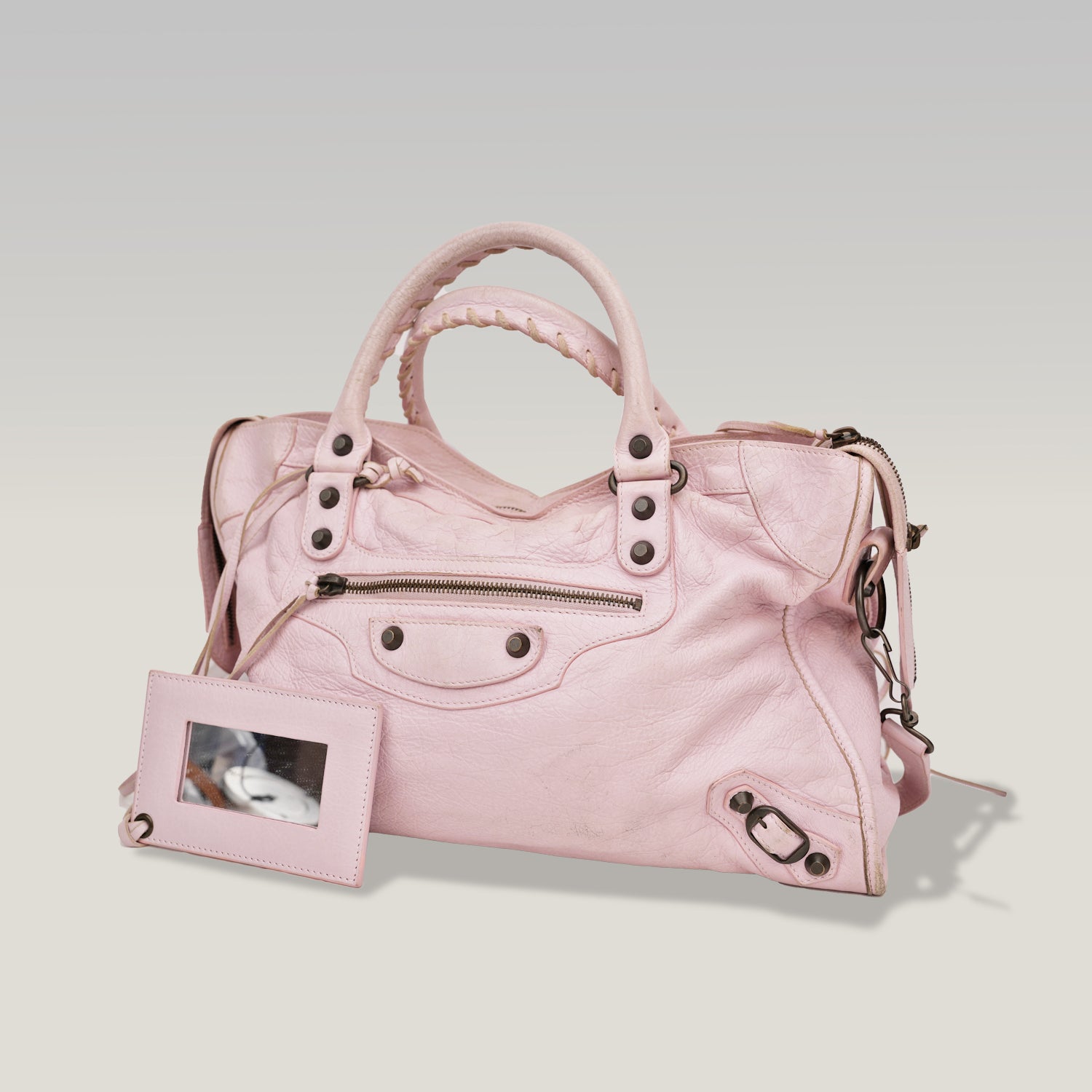 Balenciaga borsa City media in pelle rosa con borchie