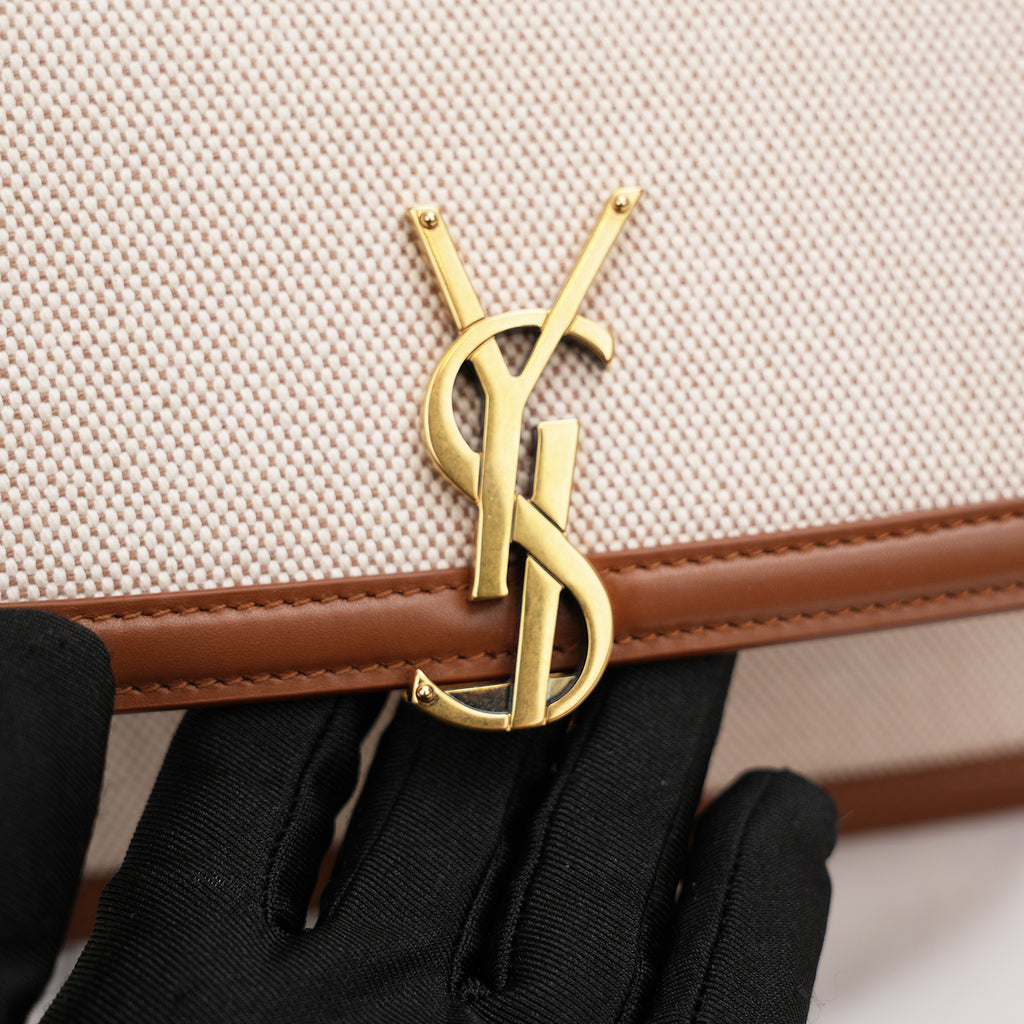 Saint Laurent Solférino in tela beige e pelle marrone