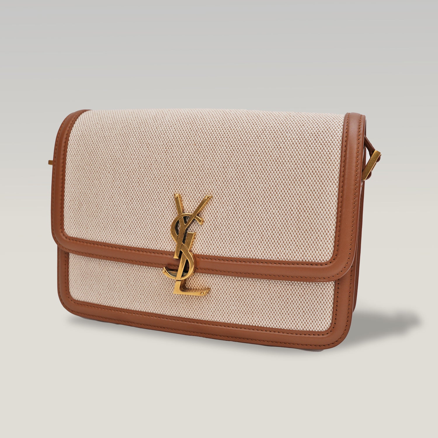 Saint Laurent Solférino in tela beige e pelle marrone