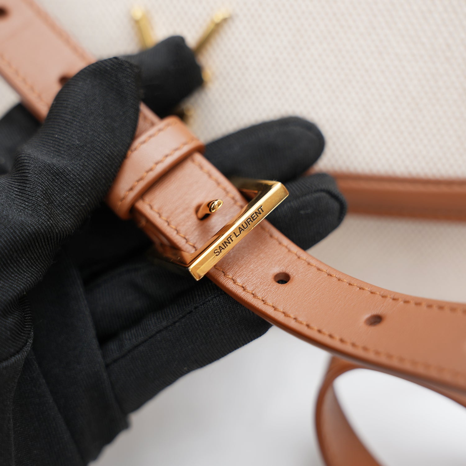 Saint Laurent Solférino in tela beige e pelle marrone