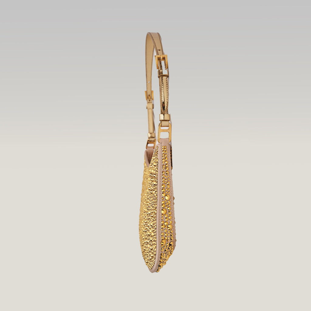 Prada Cleo mini borsa in raso color oro con cristalli