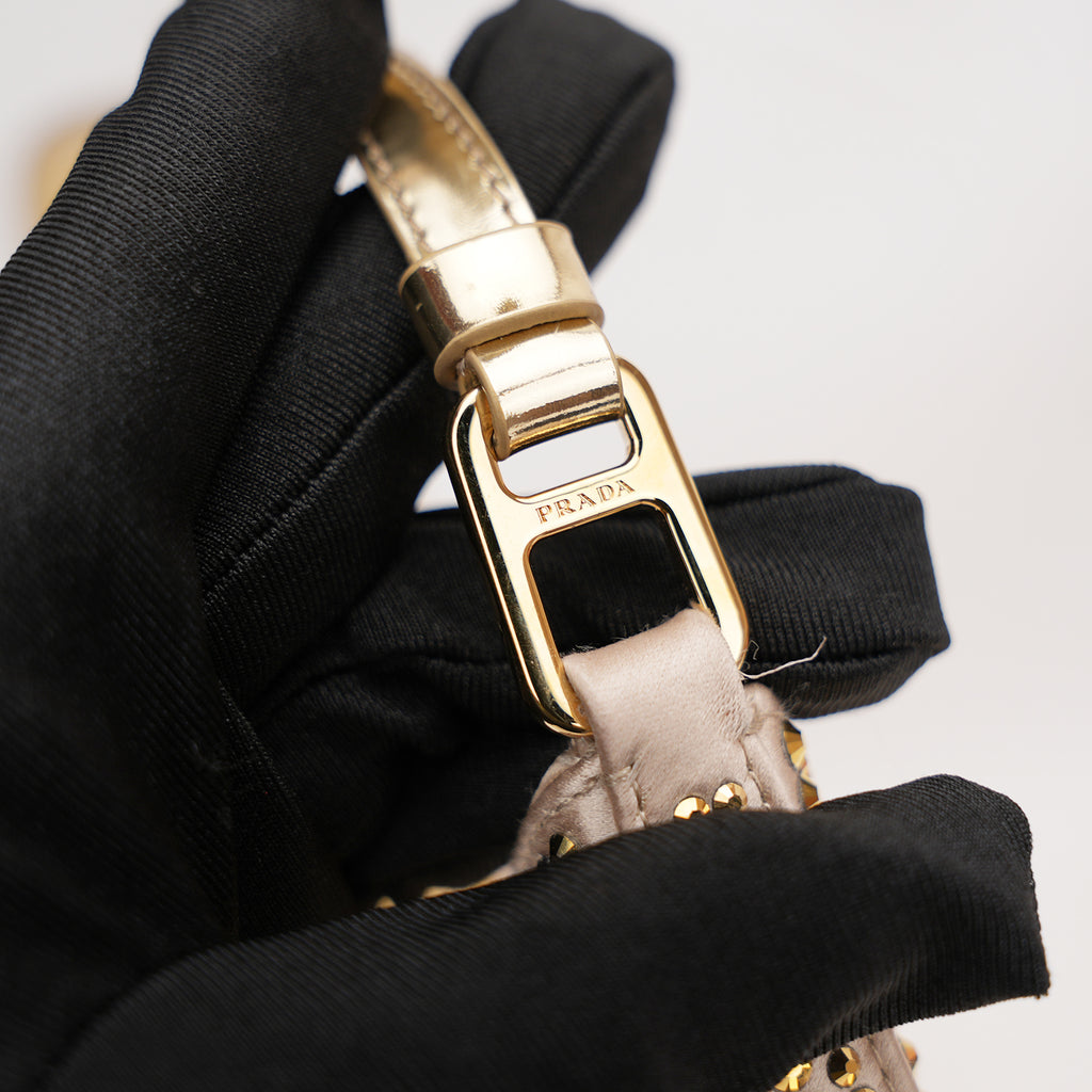 Prada Cleo mini borsa in raso color oro con cristalli