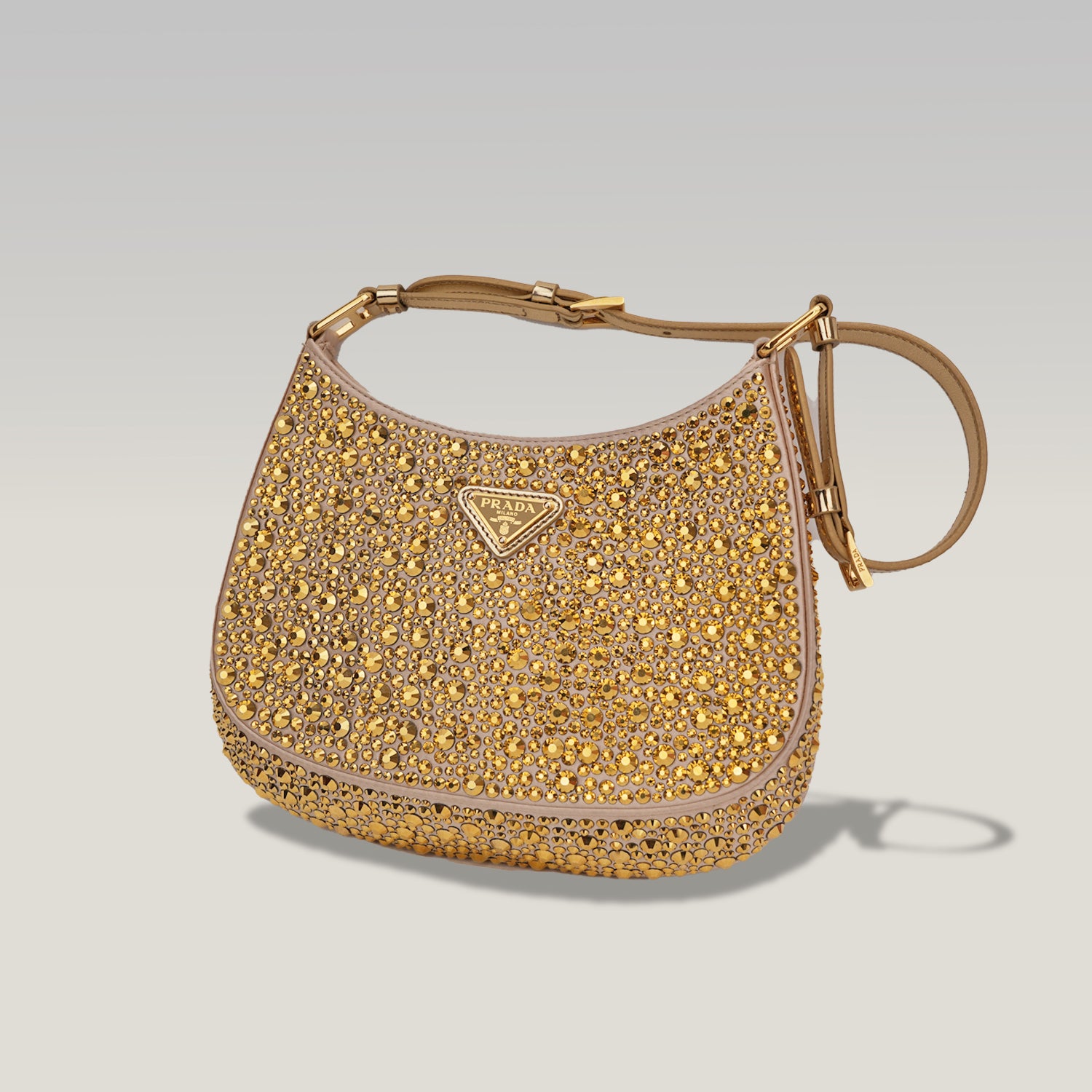 Prada Cleo mini borsa in raso color oro con cristalli