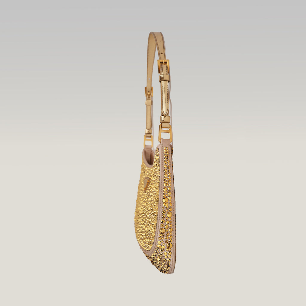 Prada Cleo mini borsa in raso color oro con cristalli