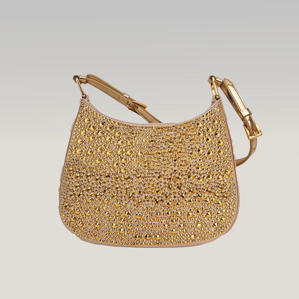 Prada Cleo mini borsa in raso color oro con cristalli