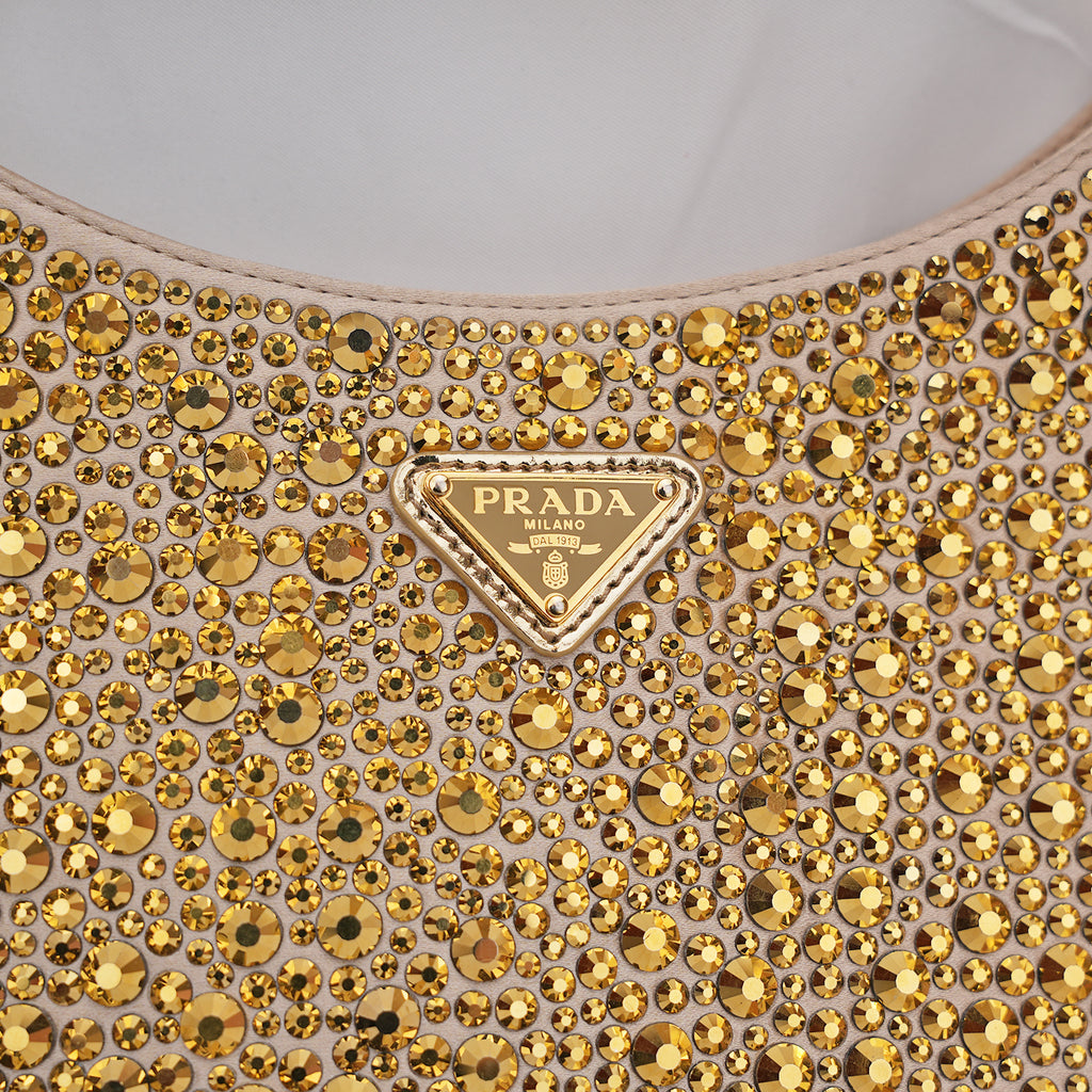 Prada Cleo mini borsa in raso color oro con cristalli
