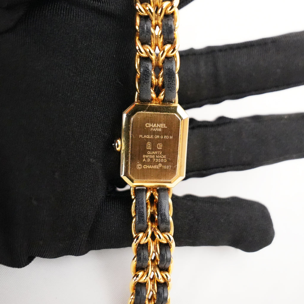 Chanel Première Orologio Nero e Oro con Bracciale a Catena in Pelle e Metallo Dorato