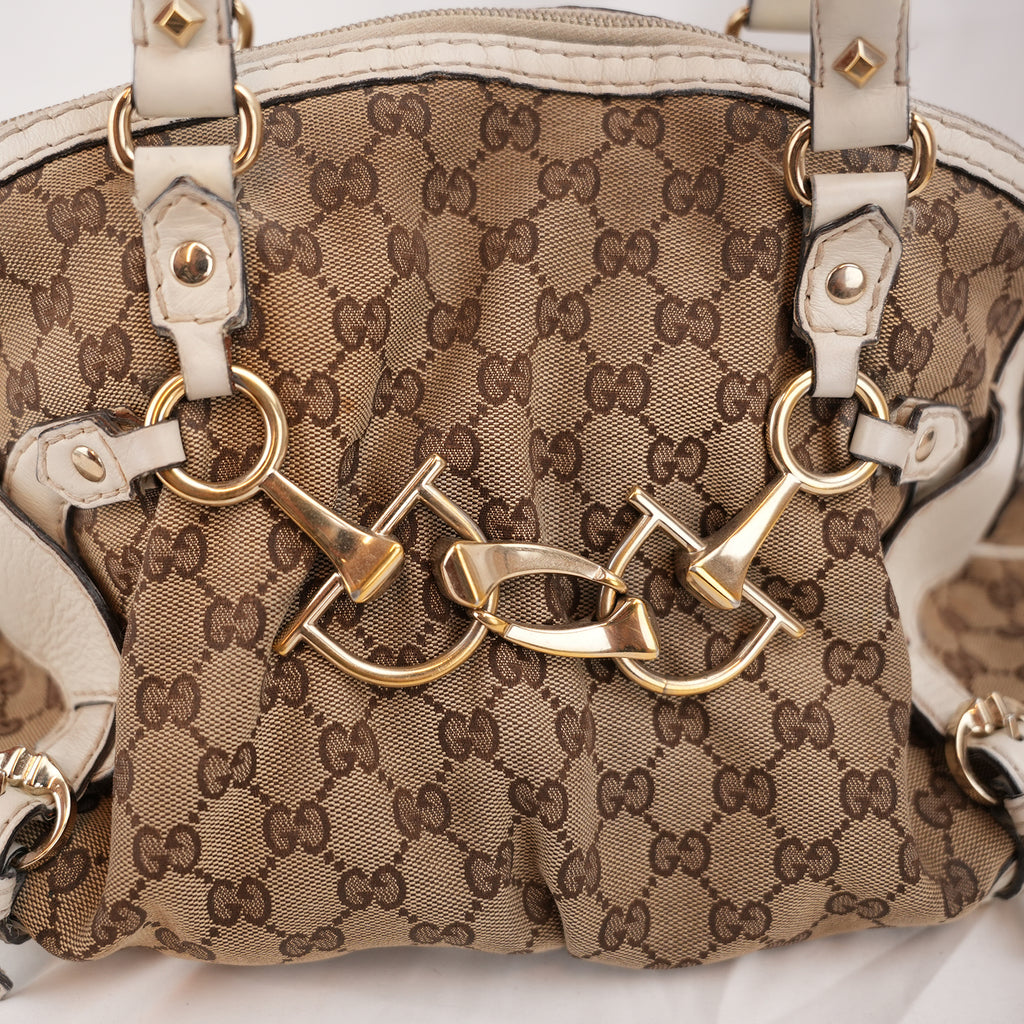 Gucci Borsa a Spalla Grande Vintage in Tela GG Beige e Pelle Bianca