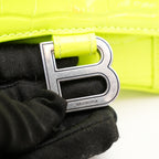 Balenciaga Hourglass XS Borsa a Mano in Pelle Effetto Coccodrillo Giallo Fluo con Logo B Argentato