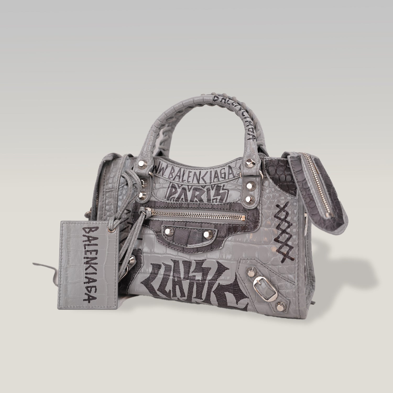 Balenciaga Classic City S Graffiti Crocodile Embossed Leather Handbag Grey Black