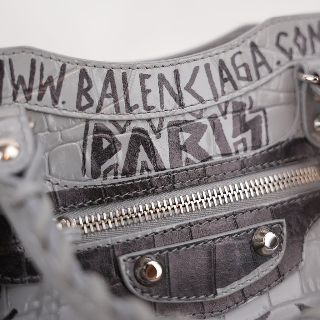Balenciaga Classic City S Graffiti Crocodile Embossed Leather Handbag Grey Black