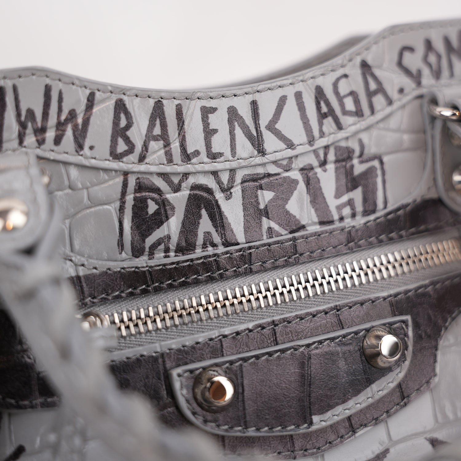 Balenciaga Classic City S Graffiti Crocodile Embossed Leather Handbag Grey Black