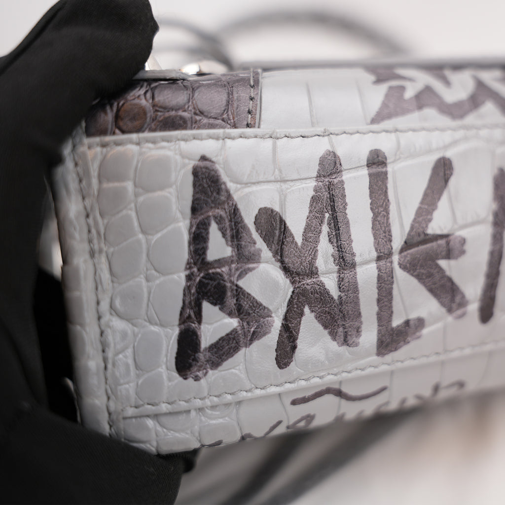 Balenciaga Classic City S Graffiti Crocodile Embossed Leather Handbag Grey Black
