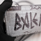 Balenciaga Classic City S Graffiti Crocodile Embossed Leather Handbag Grey Black